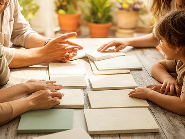 Familia revisando muestras de pavimento exterior sobre una mesa en una terraza luminosa